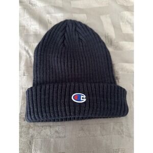 Champion Hat Beanie One Size Navy Blue Cuffed Ribbed Knit Logo Patch Mens Warm